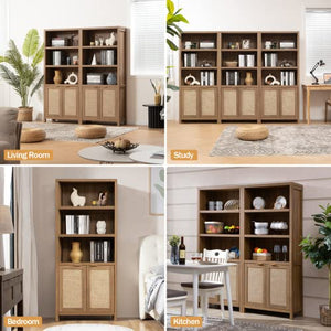 SICOTAS 5 Tier Rattan Boho Bookcase with Doors - Oak