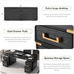 Merax Executive Writing Desk with File Drawers, USB Ports, Outlets, Hidden Compartment - 70" Black+Gold