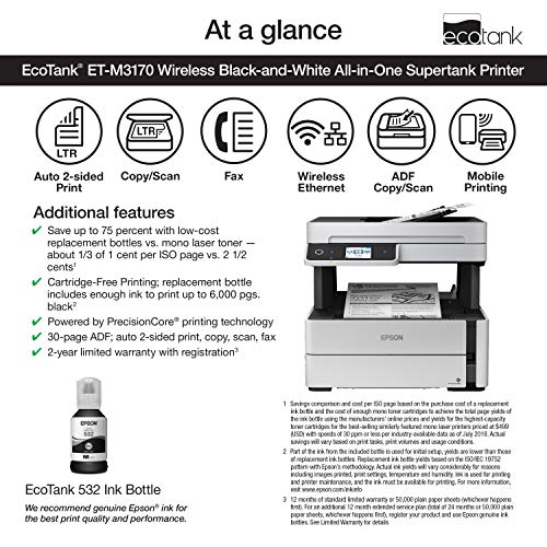 Epson EcoTank ET-M3170 Wireless Monochrome All-in-One Supertank Printer with ADF, Fax and Ethernet PLUS 2 Years of Unlimited Ink