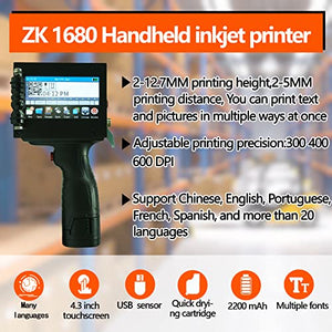 Portable Handheld Inkjet Printer ZK-1680 with 4.3 Inch Touch Screen Quick-Drying Handheld Inkjet Printer (Support 22 Languages Including English, German, French, Japanese, Italian, etc.) CHIKYTECH