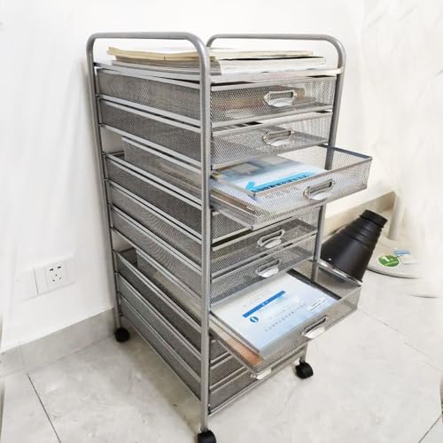 SaiFfe Rolling Metal Mesh File Cabinet with Wheels, 10 Drawers - Silver