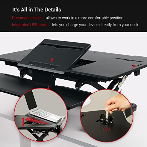 Loctek - Standing Desk 36" Wide Platform Computer Riser, Height Adjustable Removable Keyboard Tray with Document Holder & USB Port (PL36M, Mahogany)