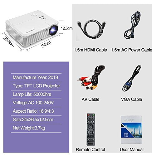 CAIWEI Bluetooth HD Projector Wireless Android OS LCD 200" Display 3900 Lumen WXGA LED Video Projector Home Cinema Movies Games, Compatible with HDMI USB RCA Audio VGA AV WiFi Multimedia Proyectors