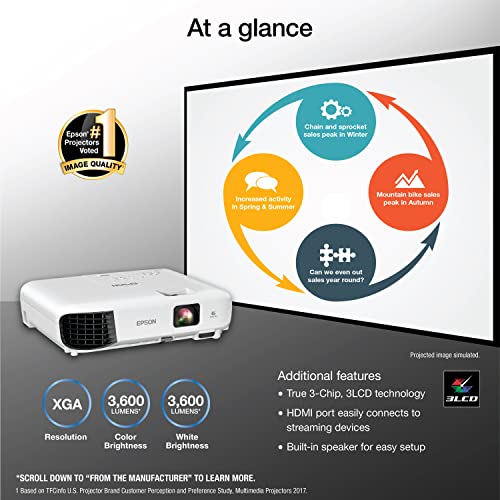 Epson EX3280 3-Chip 3LCD XGA Projector, 3,600 Lumens, HDMI, Built-in Speaker