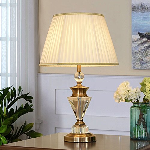 Desk Lamp Full Copper Crystal Table Lamp Retro Living Room Decoration Copper Desk Lamp E27 Study Bedroom Bedside Lamp, Beige/Light Blue Cloth Shade A+ (Color : Beige)