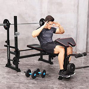 Olympic Weight Bench with Strength Training Equipment Press Squat Rack Barbell Rack | Weightlifting Bench Full-Body Workout Equipment with Preacher Curl Leg Developer for Home Fitness