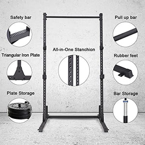 papababe Squat Rack-800 LB Capacity Power Rack 2"x 2" Steel Power Cage Squat Stand with 4 J-Hooks for Bench Press, Weightlifting and Strength Training with Adjustable Bench