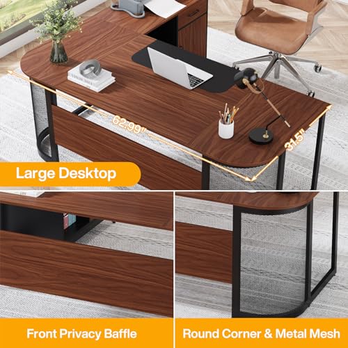 Tribesigns Executive Desk with File Cabinet, L-Shaped Office Desk with Drawer and Shelves