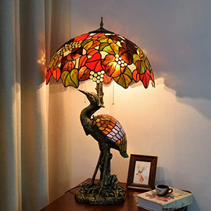 Xiaohu Rustic Tiffany Style Male Crane Table Lamp, 50CM Brown Grape Glass Lampshade Night Light