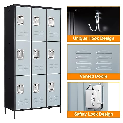 Anxxsu 9-Door Metal Storage Locker with Hooks, 71" Cabinet for Employees, Home, Office, Gym - Black Grey