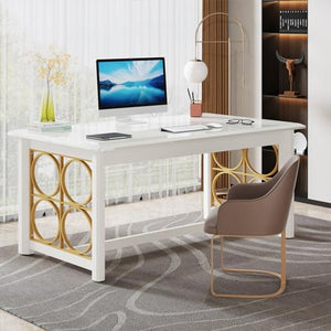 Tribesigns 63" Executive Desk, Modern Glossy White & Gold Office Desk