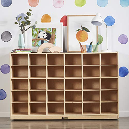 ECR4Kids Birch 30 Cubby Tray Cabinet, Kids Toy Storage Organizer with Rolling Casters, Hardwood Mobile Storage Cabinet for Classroom, Preschool and Homeschool Supplies