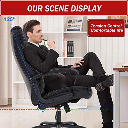 Squadise Big and Tall Office Chair 500lbs Ergonomic High Back Executive Chair with Lumbar Support Arms Heavyweight Rated PU Leather Computer Chair, Wide Seat, Black