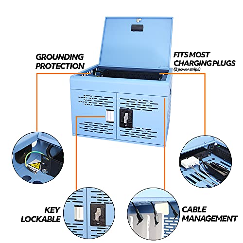 16-Unit Charging Cabinet for Laptops & Tablets - Locking Laptop Storage Box for Classroom, Library, and Office - Cable Management, Charger Storage, and Ground Protection (Blue)
