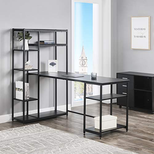SSLine 63 Inches Computer Desk with Bookshelves,Writing Study Table with 4 Tier Open Plenty Storage Space,Modern Wood Desk with Metal Frame Laptop Table Computer Workstation for Home Office (Black-2)