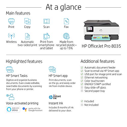 HP OfficeJet Pro 8035 All-in-One Wireless Printer - Includes 8 Months of Ink Delivered to Your Door, Smart Home Office Productivity - Basalt (5LJ23A)