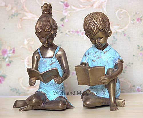 Metal Book Ends, Bookends Support for Shelves Tables, Book Shelf Holder, Heavy Books Stopper, Brass Made Greek Girl boy Bookend Pair Decorative for Home Livingroom Office Book Lovers