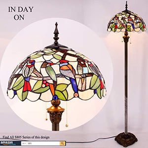 WERFACTORY Tiffany Floor Lamp Double Birds Amber Stained Glass 16X16X64 Inches Antique Pole Corner Lamp - S805 Series