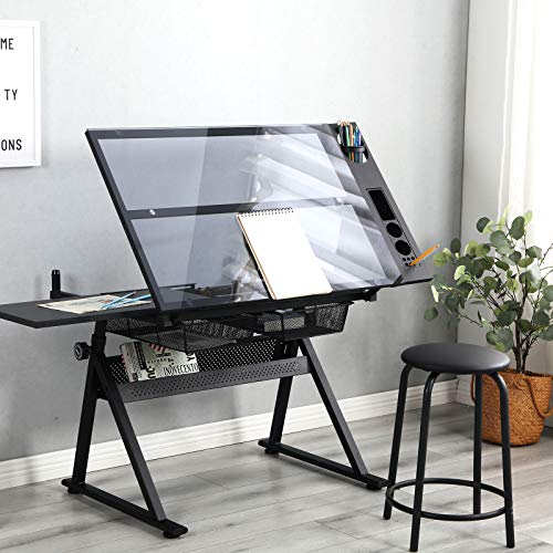 Pumpumly Height Adjustable Glass Top Drafting Draft Table Art & Craft Drawing Desk Folding Adjustable with Stool and 3 Storage Drawers