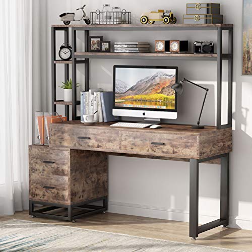 Tribesigns 55 Inch Computer Office Desk with 4 Drawers and Storage Shelf, Industrial Study Writing Table Workstation with Hutch and Bookshelf for Home Office (Brown)