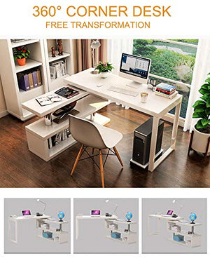XLO L Shaped Computer Corner Desk, Reversible Home Office Corner Desk with Storage Shelves, for Home Office Study Writing Gaming Wooden Table PC Workstation (Color : White, Size : 100cm/39.37in)