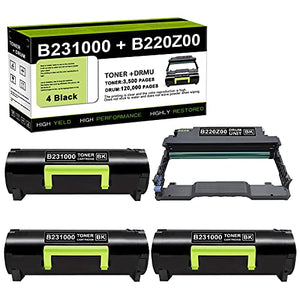 4 Pack Compatible B231000 Toner Cartridge & B220Z00 Drum Unit Remanufactured Replacement for Lexmark B2546dn B2338dw B2442dw B2650dw MB2650ade Printer Ink Cartridge (Black, 1Drum/3Toner)
