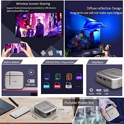 Mini DLP Projector,Wireless WiFi Rechargeable Projector Large Display Support 3D/1080p/Screen Mirroring/HDMI/USB for Home Theater Indoor Outside Movie Video Game Fire TV Stick Laptop Tablet Computer