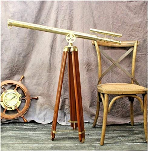 Brass Floor Standing Double Barrel Antique Telescope 39 Inches Nautical Desktop Tripod Spyglass Telescope Shiny Brass Marine Scope Telescope with Wooden Adjustable Tripod Stand Home