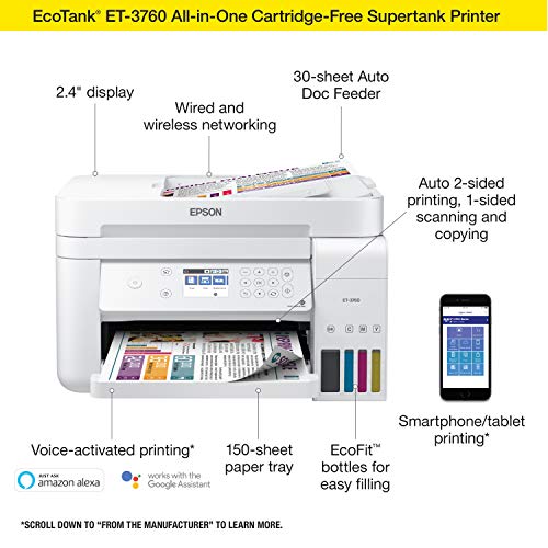 Epson EcoTank ET-3760 Wireless Color All-in-One Supertank Printer for Home Office, with Up to 2 Years of Ink Included in The Box (Renewed)
