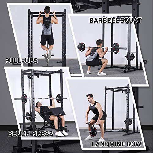 Mikolo Olympic Power Cage, 1000 lbs Commercial Weight Cage with LAT Pull-Down Pulley System, J-Hooks, 360 Degree Landmine, Dip Bars, Barbell Holder, and Other Attachments for Home Gym