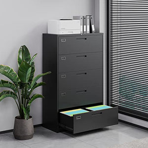 Letaya 5 Drawer File Cabinet with Lock - Metal Lateral Filing Cabinet for Home Office - Black