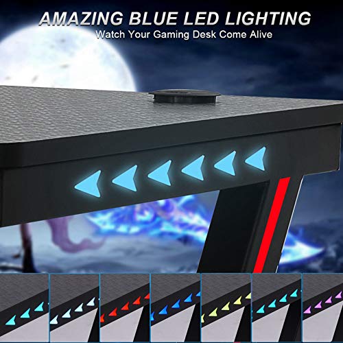 Gaming Desk, 47.2 Inch PC Computer Desk with LED Light - Weight Capacity 330 LBS, Black Gaming Workstation, Home Office Desk, Z-Shaped Gamer Workstation, Best Gift for Men Boyfriend Female (US Stock)