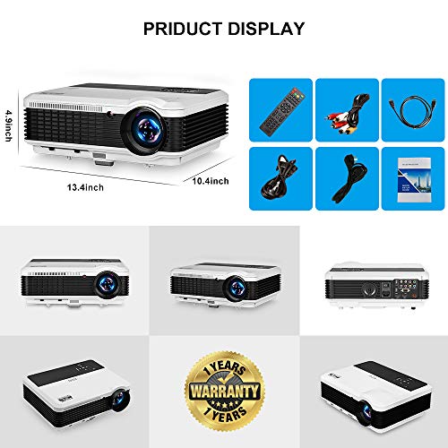 EUG HD Wireless Smart LCD LED Projector with Bluetooth 4600 Lumen, 1080P Supported Android 6.0 OS HDMI USB for Smartphone DVD Roku TV Stick Kodi YouTube Laptop PC Wii Xbox Playstation