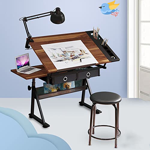 EESHHA Adjustable Drafting Table with Storage Drawers and Stool