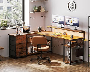 AODK 61" L Shaped Desk with Drawer, Power Outlets & LED Lights, Reversible Corner Gaming Desk
