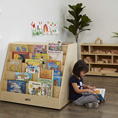 ECR4Kids Birch Book Display Stand with Storage with Rolling Casters, Double-Sided Hardwood Book Shelf Organizer for Kids, 5-Shelves with 2-Shelves, Mobile Display Stand for Classrooms and Home