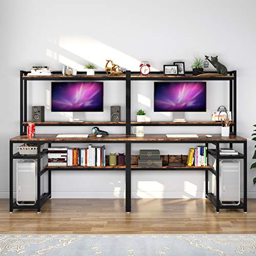 Tribesigns 94.5 inch Extra Long Double Computer Desk with Hutch & Monitor Stand, Large Two Person Desk with Storage Shelves & CPU Stand, Study Writing Table Workstation with Bookshelf for Home Office