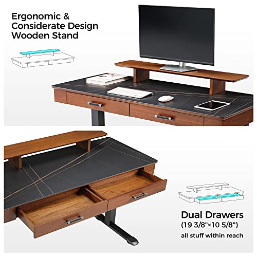 EUREKA ERGONOMIC Electric Standing Desk with Drawers, 55" Height Adjustable, Monitor Shelf, APP Control, Sintered Stone Desktop - Black/Walnut