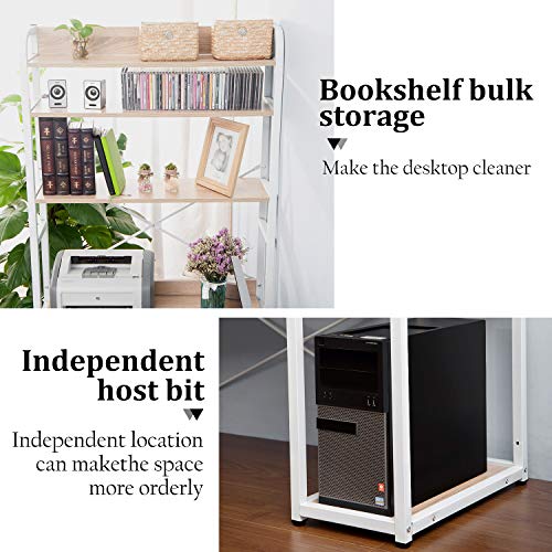 Wood Computer Desk with Metal Frame and 4-Tier Open Bookshelves Plenty Storage Spaces PC Laptop Gaming Desk Study Writing Table Workstation with Monitor & CPU Stand for Home Office Dorm School