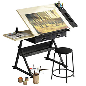 XIONGGG Drafting Desk Wooden Drawing Table, Height Adjustable, Tiltable Tabletop 0°-80°, Art Craft Work Station, with 2 Storage Drawer