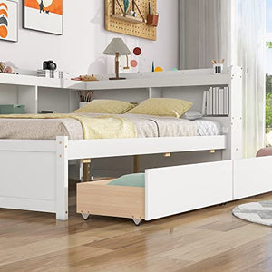 HomSof Full-L White Bed with L-Shaped Bookcases and Drawers