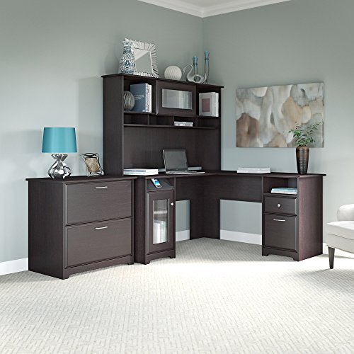 Bush Furniture Cabot L Shaped Desk with Hutch and Lateral File Cabinet in Espresso Oak