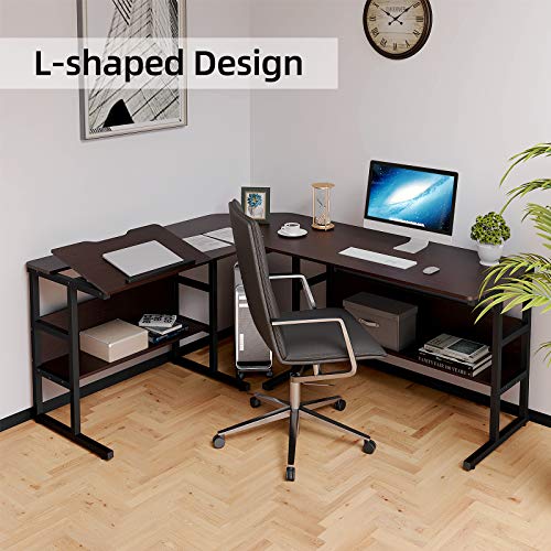 YITAHOME Tiltable Modern L-Shaped Computer Desk with Bookshelf, 67 inch Double Workstation Corner Studying Desk Drafting Drawing Gaming Table for Office Home, Walnut