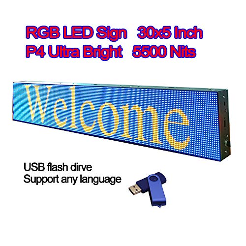 P4 Ultra Bright 5500Nits 30" x 5" 192 x 32 Pixels Full Color Semi Outdoor LED Sign RGB LED Display Programmable Scrolling Message Board for Window