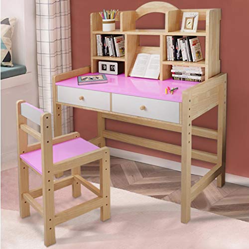 TOUNTLETS Teen Wooden Desk and Chair Set Girl Writing Desk 32" Home Office Desk for Bedroom,Wooden Desk for Student Home Study & Office Computer Desk w/Drawers & Bookshelves,Adjustable Height (Pink)