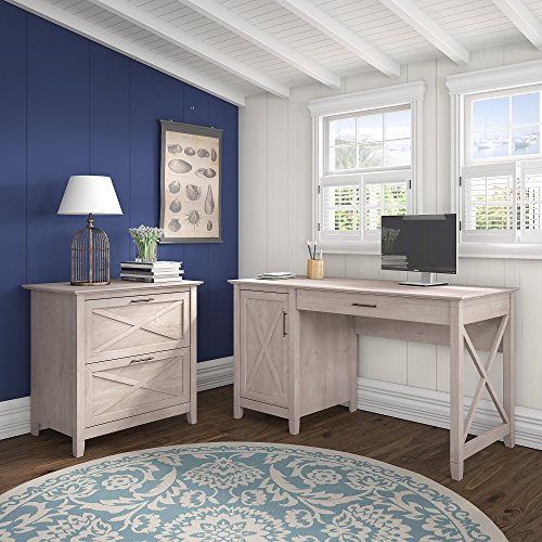 Bush Furniture Key West 54W Computer Desk with Storage and 2 Drawer Lateral File Cabinet in Washed Gray