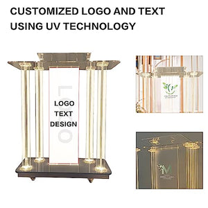 deenkk Acrylic Podium Stand with RGB LED Lights, 46" Tall, Wide Reading Surface