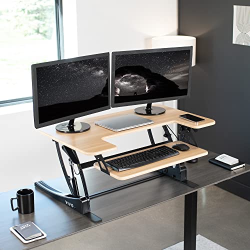 VIVO Height Adjustable Stand Up Desk Converter, V Series, Dual Monitor Riser Workstation, Light Wood Top - DESK-V000VO