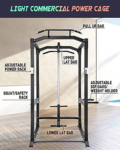 Power Squat Rack Power Cage with LAT Pulldown Attachments Power Squat Rack Adjustable Barbell Strength Training Smith Machine for Home Gym