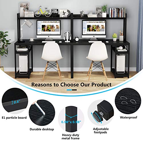 LITTLE TREE Double Desk, 94.5 inches Extra Long Computer Desk with Hutch and Storage Shelves, Two Person Workstation Table for Home Office, Dual Writing Study Desk, (Black)